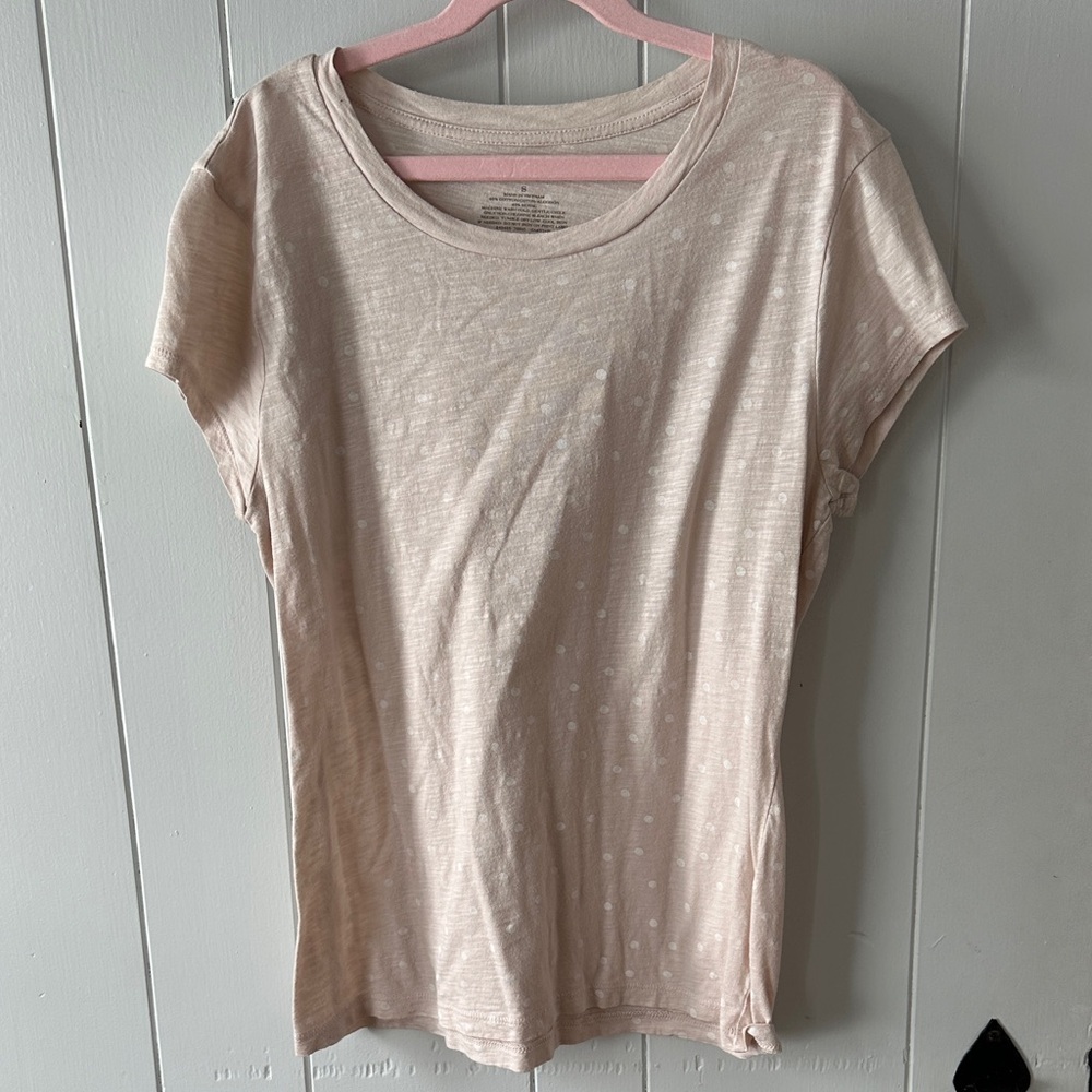 Ann Taylor light pink shirt with white polka dots